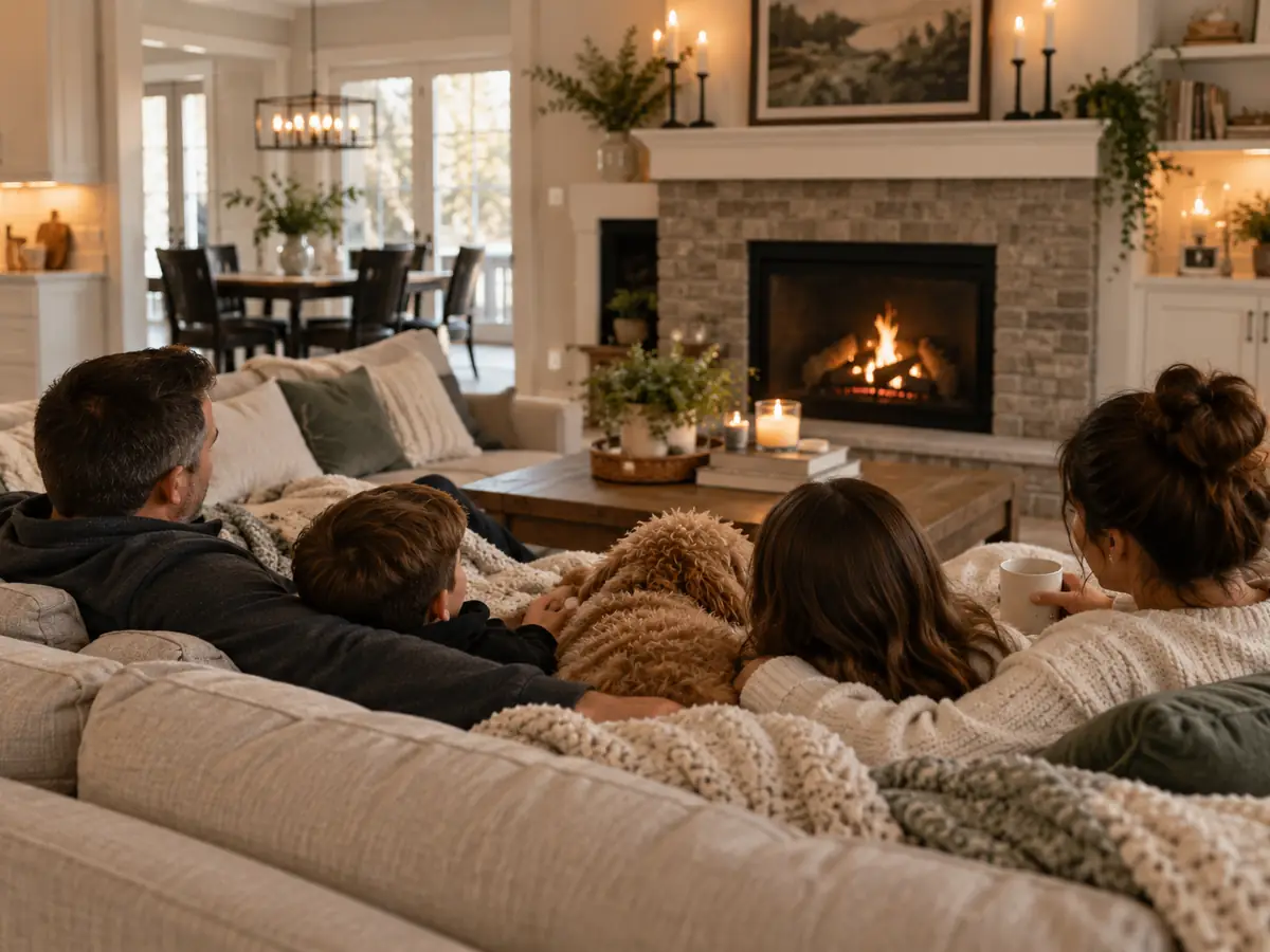 Family relaxing by the fireplace at home, protected by MassHousing MI Plus job loss coverage